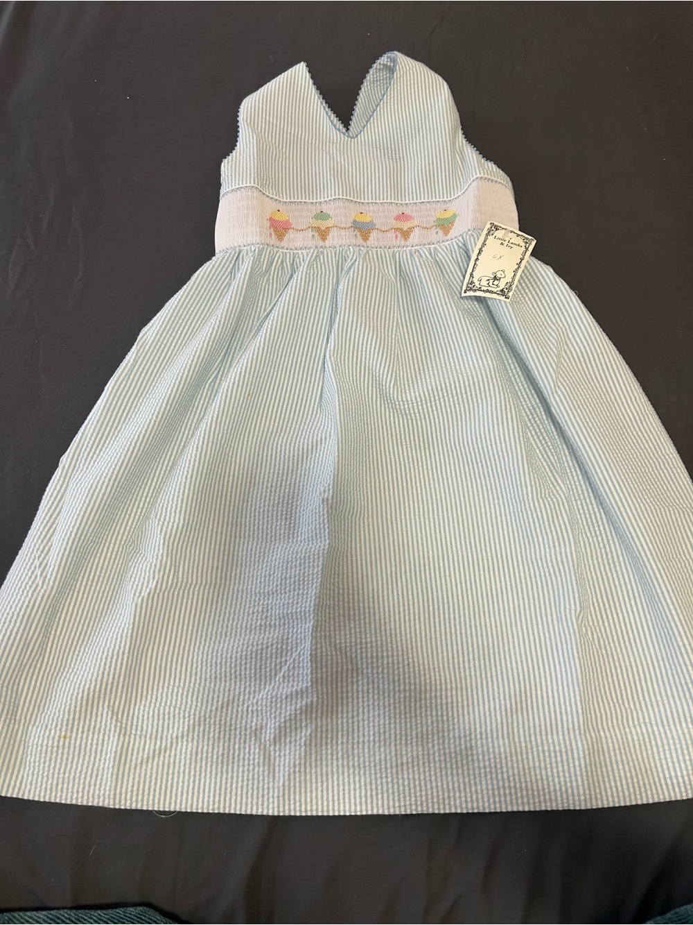 Anavini Girls 6X Blue Seersucker Smocked Ice Cream Cone Dress NWT